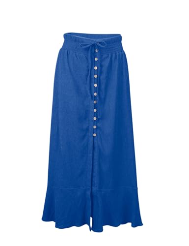 Image of Minclouse Women's Elastic Tie Waist Button Down Maxi Skirts Casual Loose Flowy Swing Slit Front Dress