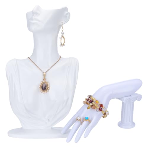 UNICRAFTALE Set di 2 espositori per gioielli in resina bianca, modello a corpo laterale a forma di busto per gioielli, collane, espositori e manichini a mano per bracciali, collane e anelli