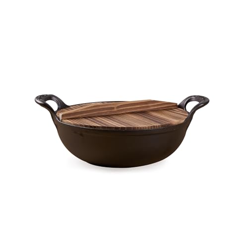 HomeEssentials Cast Iron Kadai with Wooden Lid | Pre Seasoned Iro...