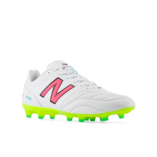 New Balance Men's 442 V2 Team FG Soccer Shoe, White/Hi-lite/Neon Pink, 43 EU