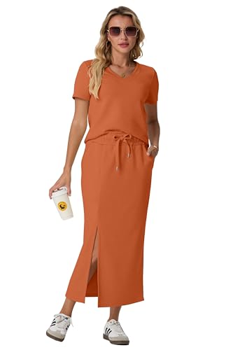 Image of GRECERELLE Women Summer Casual 2 Piece Sets V-Neck Wrinkle-Free Top & Elastic Waist Midi Side Slit Skirt with Pockets
