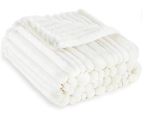 Image of HOMRITAR White Baby Blanket for Boys Girls Super Soft Cozy Lightweight Toddler Blankets with Striped Design, Cute Fluffy Fleece Throws for Nursery Crib, 30 x 40 Inches