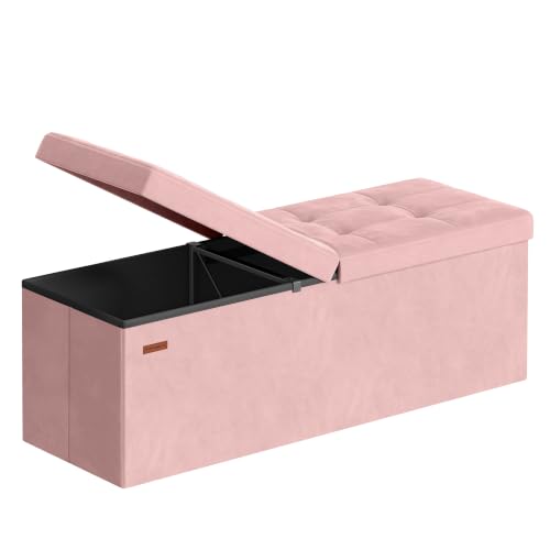 SONGMICS Mazie Collection - 43 Inches Storage Ottoman Foldable Storage Bench with Flipping Lid 660 lb Load Capacity for Entryway Living Room Bedroom Velvet Fabric Jelly Pink ULSF078SA01