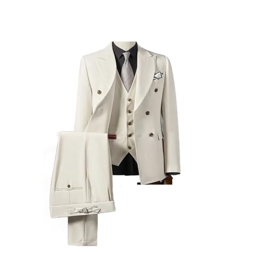 Men White Cream Lapel 3 Pieces Jacket Pants Vest Slim Wedding Business Adjustable Chest Set