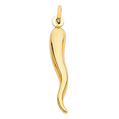 14K Gold Italian Bull's Horn Charm Pendant - Cornicello Charm Polish Finish - Good Lucky Pendant - Fine Jewelry for Men & Women - Great Gift for All Occasions, 30mm x 6mm, 1 Grams