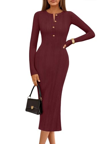 MEROKEETY Women's Long Sleeve Fall Sweater Dress 2025 Button Crew Neck Ribbed Knit Bodycon Midi Maxi Dresses