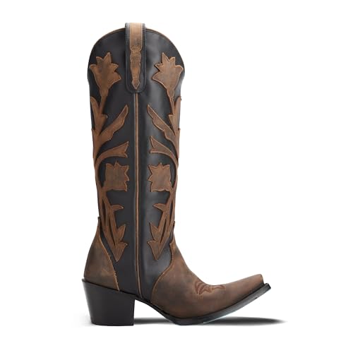 sexytag Floral Cowboy Boots for Women Two-tone Embroidered Cowgirl Knee High Western Boots4