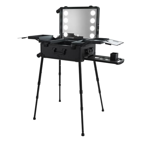soudesileim Maletín de maquillaje plegable con iluminación, 8 luces LED y 3 colores de luz, portátil con 4 ruedas, incluye cerradura y 2 llaves, para viajes y estudios, color negro