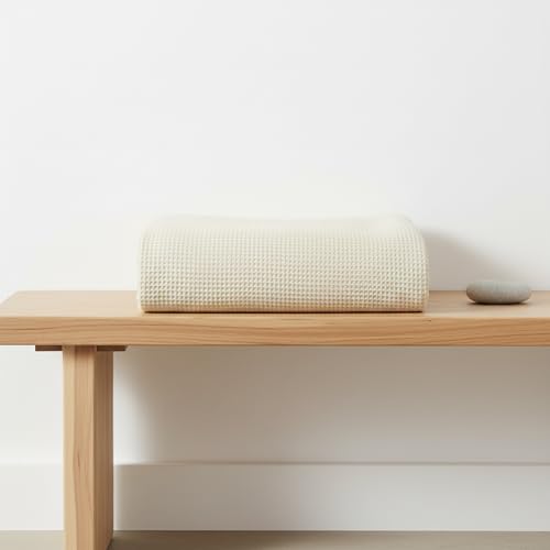 Image of Cotton Handloom Waffle Throw Blanket for Sofa & Bed | Soft Lightweight Beige Decorative Throw with Tassels | All-Season Couch & Bed Throw (125x150 cm)