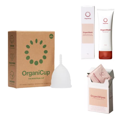 OrganiCup Menstrual Bundle - Reusable Soft Foldable Menstrual Cup Size Mini & Inmate Cleansing Soap & Menstrual Cup Wipes 10pcs. Period Cup for Light to Heavy Flow - Ultimate Essential Period Kit
