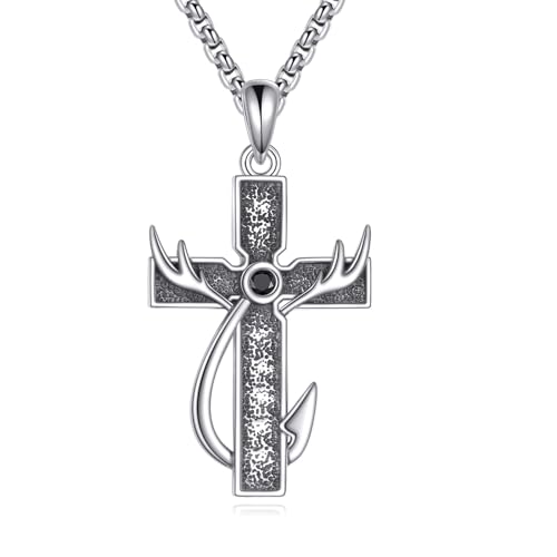 Collier croix homme argent S925 cadeau bois de cerf hameçon