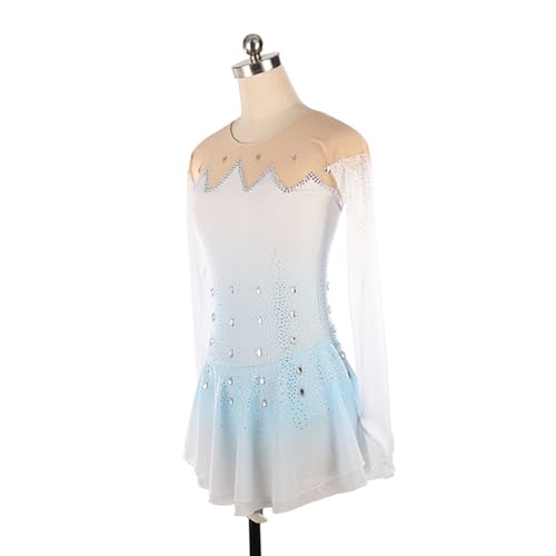 Vestido de patinação artística, branco e azul gradiente strass mangas na ponta dos dedos Traje de co