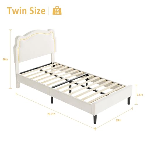 Image of GarveeHome Twin Upholstered Smart LED Bed Frame with Headboard, Velvet Princess Platform Bed Frame for Kids, Wooden Slats Support, No Box Spring Needed (Beige)