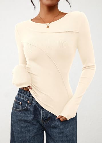 KIRUNDO Going Out Tops for Women Boat Neck Long Sleeve Ribbed Knit Fitted Shirts Exposed Seams Basic Tee Fashion Clothing4