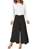 ROYLAMP Women's Fall 2 Piece Outfits Long Sleeve Round Neck Crop White Top Black Wide Leg Pants Set with Pockets XL