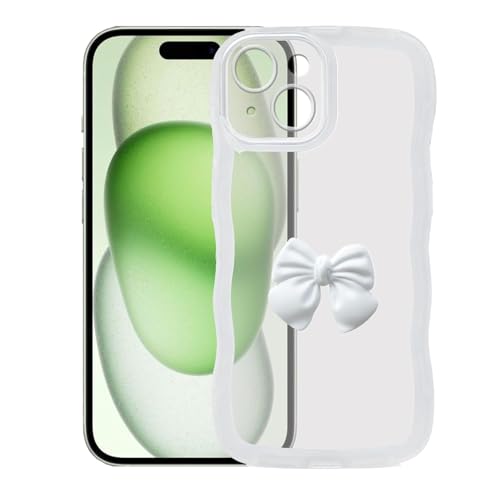 TWIKKA Cute Bow Soft Silicone Phone Case for iPhone 15 | Transparent Wavy Edge Shockproof Cover for Women & Girls, Slim Anti-Slip Protective Back Case (White)