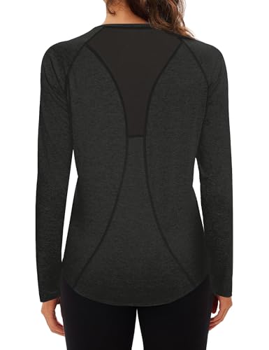 Wayleb Sportshirt Damen Langarmshirt V-Ausschnitt Sport T-Shirt Langarm Oberteile Funktionsshirt Leichtes Atmungsaktiv Back Mesh Laufshirt Fitness Yoga Top Sportbekleidung, Schwarz S