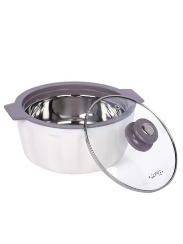 Image of JAYPEE Glamerole Inner Stainless Steel Serving Casserole | Toughened Glass Lid PUF Insulated Hot Pot Hot Box for pulao Roti Box Casserole| Food Grade | 1500 ml, White