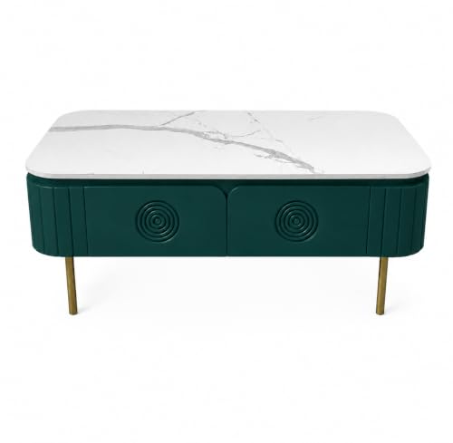 Image of Solid Wood Mandala Center Table with Sintered Stone Top for Living Room |Premium Acrylic Emerald Green | 115 cm (W) x 60 cm (D) x 45 cm (H)