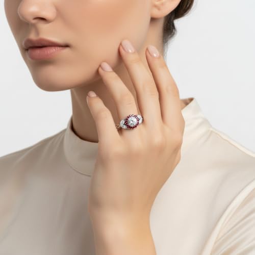 Image of 55Carat Choose Your Gemstone Flower Halo Split Shank Diamond CZ Ring Sterling Silver Round Shape Halo Engagement Rings Everyday Jewelry Wedding Jewelry Handmade Gifts for Wife US Size 4 to 12