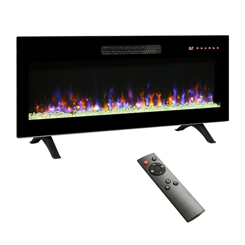 Geelife 42 inch recessed ultra thin tempered glass front wall mounted electric fireplace with remote and multi color flame & emberbed, LED light heater