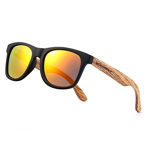 WOODONLY Zebra Wood Polarized Sunglasses - Cool Style Matte Finish Frame with Wooden Temple for Men and Women Unique Gifts (Zebra + Orange)