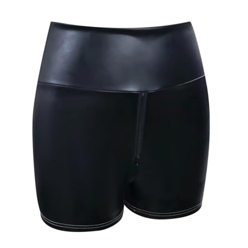 Short aspect cuir noir stretch avec fermeture éclair frontale robuste - 2
