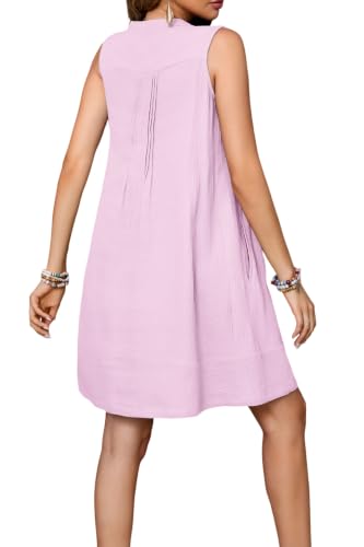 Image of R.Vivimos Sleeveless Cotton Casual Dresses for Women Summer 2026 Button Up Ruched Loose Tunic Mini Dress with Pockets