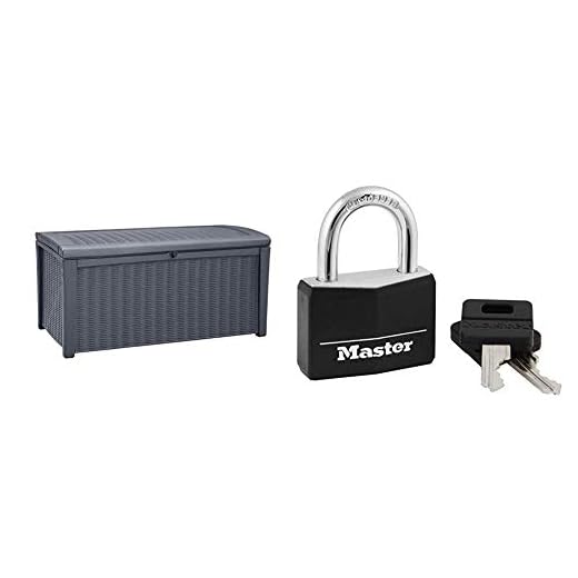 Keter Borneo 110 Gallon Resin Deck Box-Organization and Storage for Patio Furniture Outdoor Cushions, Throw Pillows, Grey & Master Lock 141D Covered Aluminum Keyed Padlock, 1 Pack, Black