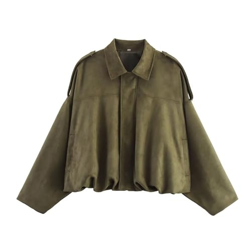 Xunger Chaqueta bomber de ante sintético para mujer, abrigo de piloto con solapa de primavera, casual, de gran tamaño, manga larga, ropa de calle de moda, 01 bolsillo verde, M