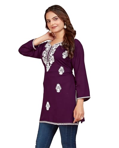 Image of Women's Rayon Chikankari Embroidered Short Kurti | Lucknowi Work Kurta
