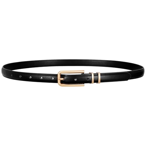 VONMELLI Women Skinny Leather Belt Thin Waist Black Belt for Women Jeans Dress Fashion Ladies Belt with Gold Buckle, S