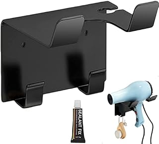 Hair Dryer Holder Self Adhesive Wall Mounted Hairdryer Holder Station with Two Hooks Hair Dryer Holder No Drilling Black Stainless Steel Hairdryer Holder Station for Bathroom Shower Room (With Glue)