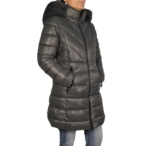 VEQUÈ Chaqueta de invierno para mujer, larga, acolchada, con capucha de pelo, chaqueta de invierno, elegante e informal, gris, L