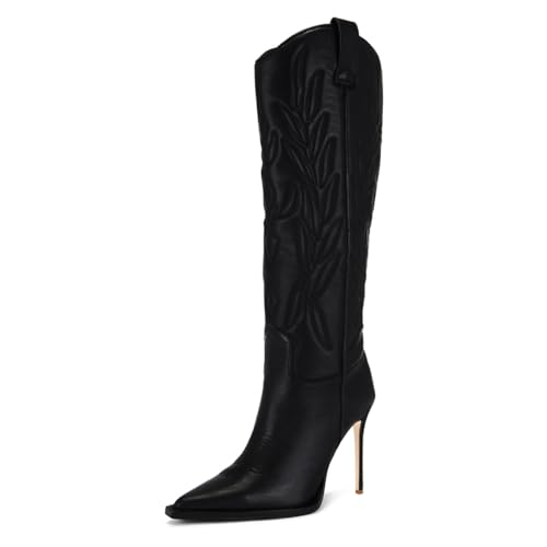 FOWT Women Pointed Toe Knee High Boots Embossing Stiletto High Heel Cowboy Boots Pull on Fashion Street Shoes Size 4-16 US