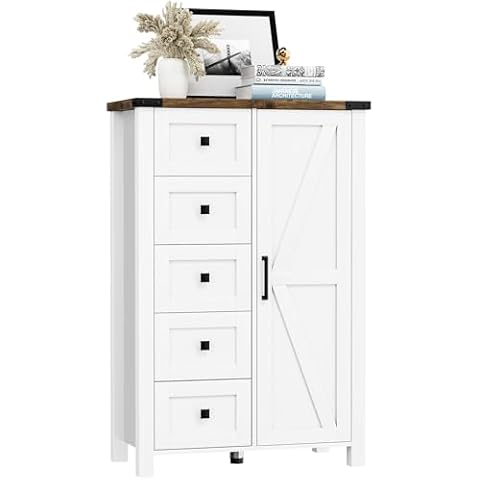 VVFLU Farmhouse Dresser Storage Cabinet Chest of Drawer for Bedroom, 5 Drawer Dresser with Barn Door, 48 Inch Tall White Wood Dresser, Adjustable Shelves, Rustic, for Living Room, Entryway, Hallway Cover