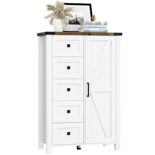 Farmhouse Dresser Storage Cabinet Chest of Drawer for Bedroom 5 Drawer Dresser with Barn Door 48 Inch Tall White Wood Dresser Adjustable Shelves Rustic for Living Room Entryway Hallway