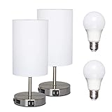 MINGHE Bedside Table Lamp,with 2 USB Ports,Nickel Plated Charger Base with White TC Cloth Shade,on/O