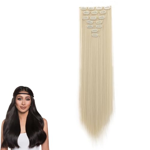 prinfantasy Blonde Hair Extensions Clip in Long Full Head High Temperature Synthetic Straight Thick Hairpieces for Women MW162