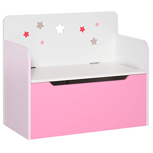HOMCOM 58 x 28 cm Fun Kids Caja de almacenamiento con bisagra de seguridad ventilación de aire dormitorio sala de juegos juguetes libros estrellas rosa