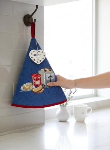 Torchon Essuie Mains Petit Déjeuner - Essuie Mains Rond Eponge avec Attache - Bleu - Motifs Brodés - Torchon Cuisine Rond 100% Coton - Serviette Cuisine SDB...
