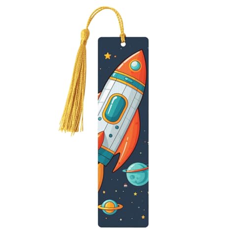 タッセル付き木製しおり ヴィンテージ木製ブックマーク ロケット宇宙船 漫画 HD ファンシー ハンドメイド クラフトブックマーク 読書用ページマーカー 木製ハンギングタグ オーナメント 本好き向け
