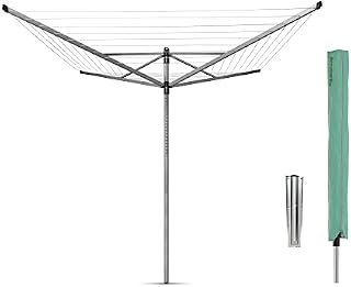 Brabantia Lift-O-Matic Outdoor 4 Arm Clothesline (197 ft/Ø 1.8") Height Adjustable, Folding Clothes Drying Rack + Ground Spike & Cover (Gray)