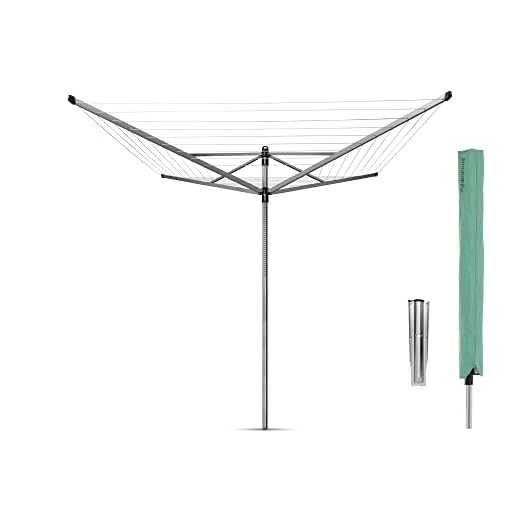 Brabantia Lift-O-Matic Droogmolen, Paraplu-systeem, Verstelbaar, UV-bestendige Drooglijnen, Plaats voor 4 Trommels, Droogmolen + Metalen Grondanker + Hoes, Metallic Grey, 60m