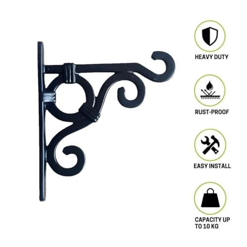 Image of Metal Wall Hook Hanging Plant Bracket | Decorative Straight Plant Hanger for Pots, Bird Feeders, Planters, Lanterns, Cotton, Wind Chimes Indoor Outdoor, (Black, Pack of 4)