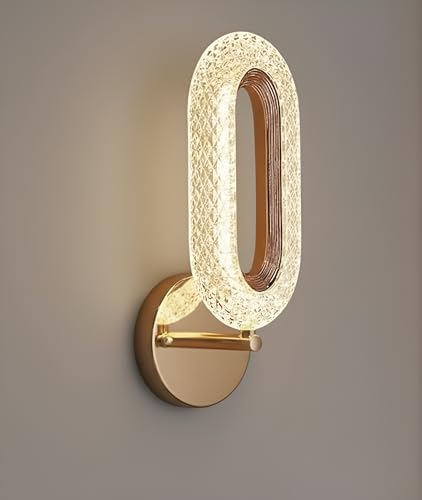 Image of Elegant Crystal LED Wall Sconce Light | Gold Finish Oval Shape Lamp with Clear Acrylic Shade | 3-Step Color Changing Decorative Wall Light for Bedroom, Hallway, Living Room, Bathroom