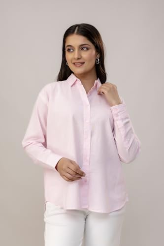Image of Women's Linen Blend Shirt | Casual Collared Button Down Shirt for Women | Solid Color Full Sleeve Oversized Fit | Summer Casual & Office Wear Top