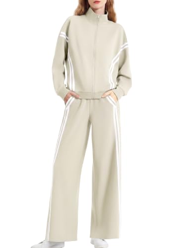 2 Piece Casly Lamiit Women's Double Stripe Full Zip Track Suit Lounge Set (Light Khaki, Sizes X-Small - XX-Lar + 40% Off Code A6IJSUBB - image 1