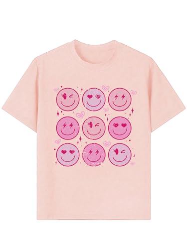 SHENHE Girl's Cute Graphic Tee Smiley Face Crew Neck Short Sleeve Summer Casual Tshirt Top