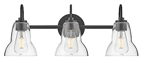 Lark-Vera-85563BK-Three-Light-Bath-Vanity-Fixture-Mount-Up-or-Down-Clear-Glass-Bell-Shades-Black Lark Vera 85563BK Three Light Bath Vanity Fixture Mount Up or Down Clear Glass Bell Shades Black